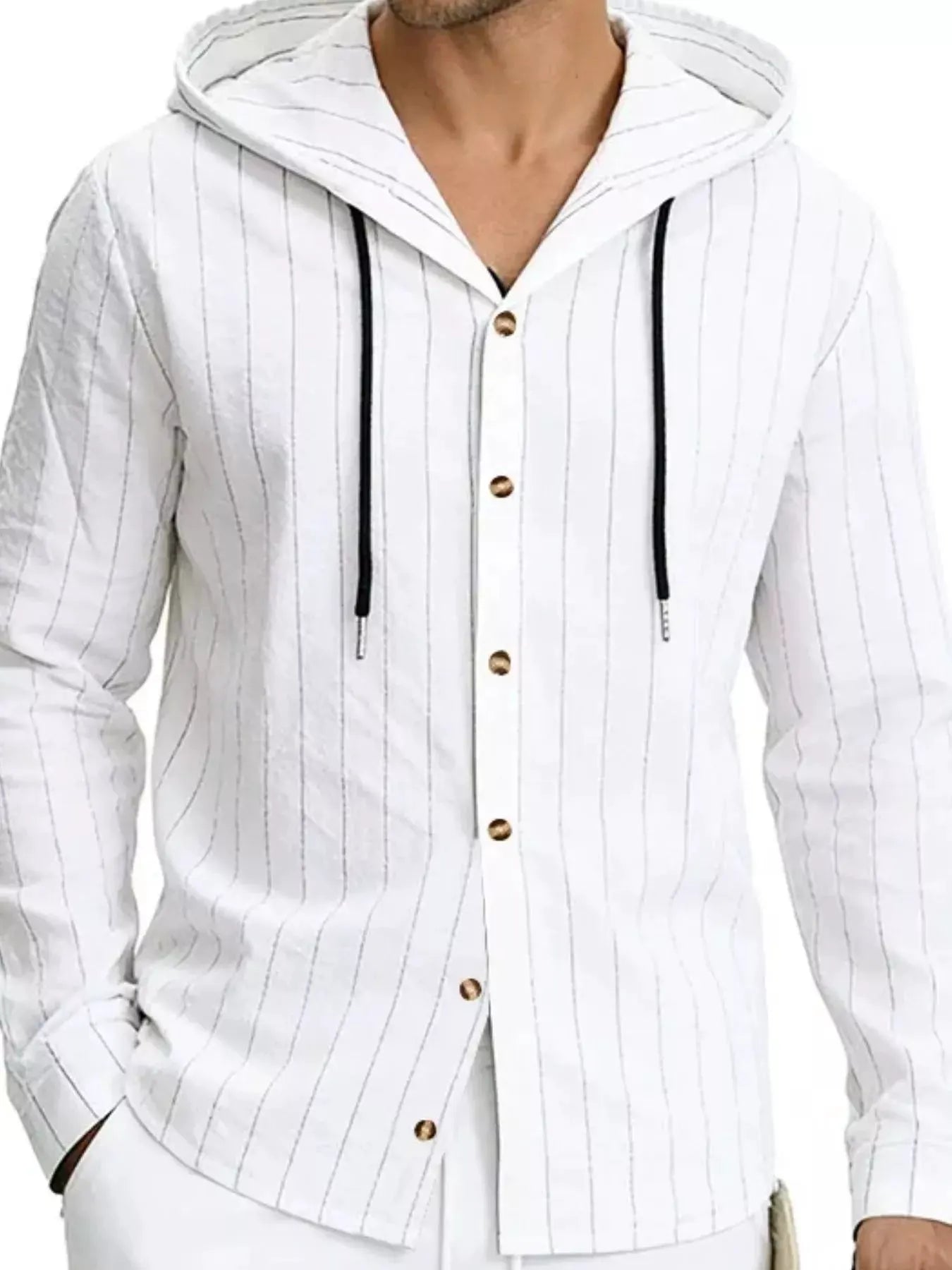 Men's Full Size Drawstring Hooded Button Up Shirt Plus Size by Trendsi