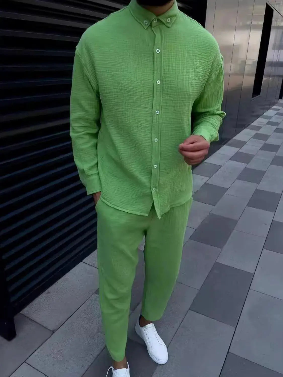 Men's Button Down Long Sleeve Shirt and Pants Set by Trendsi