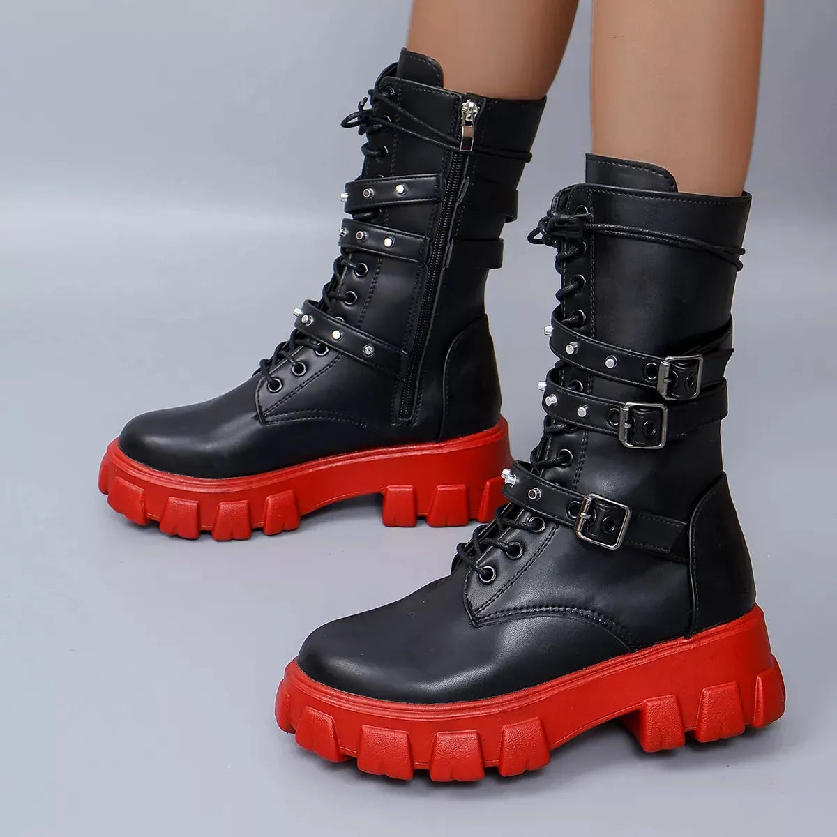 Buckled Lace-Up Combat Boots by Partner Label