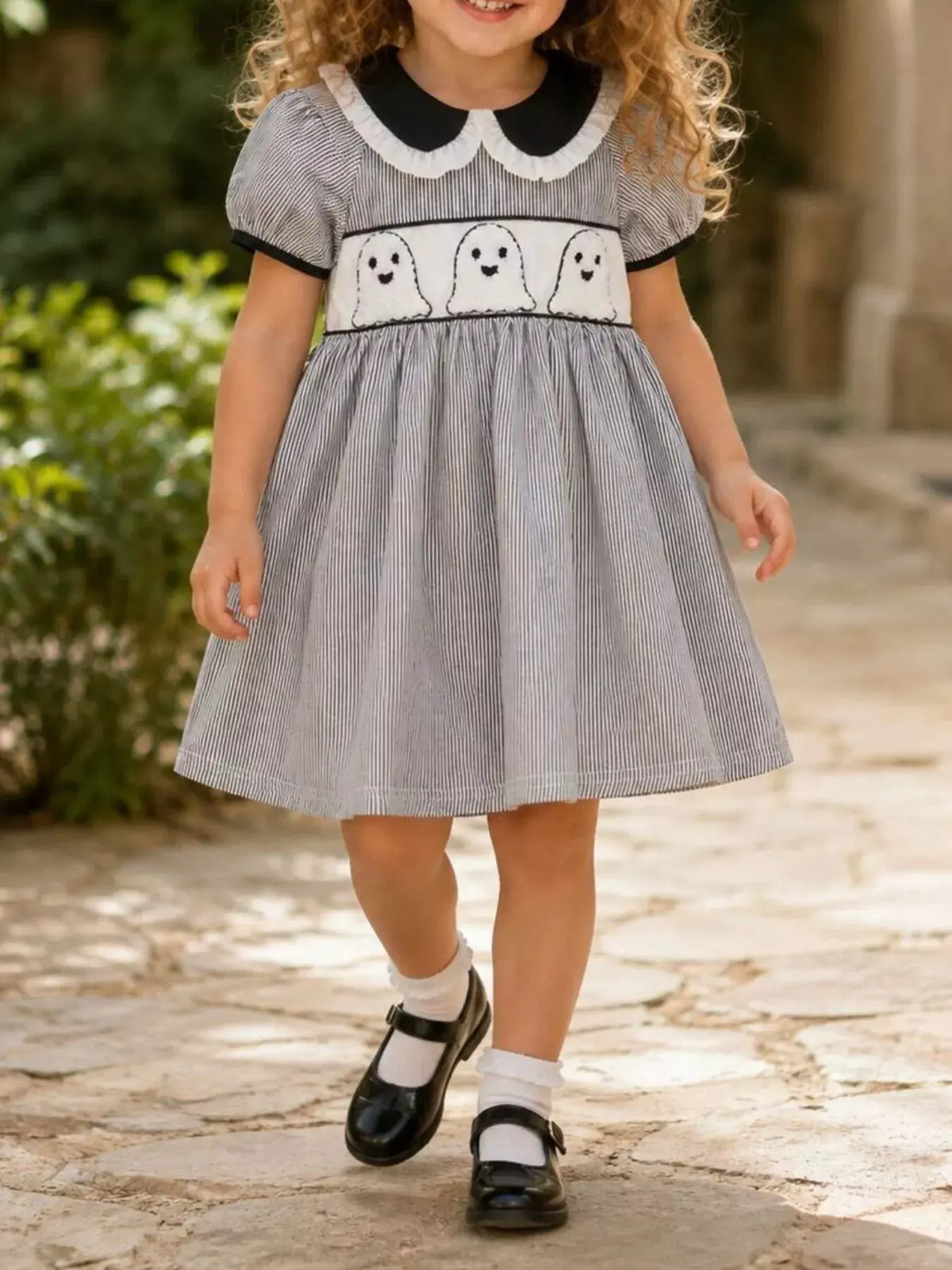 Children's Halloween Ghost Smocked Gingham Dress by Trendsi