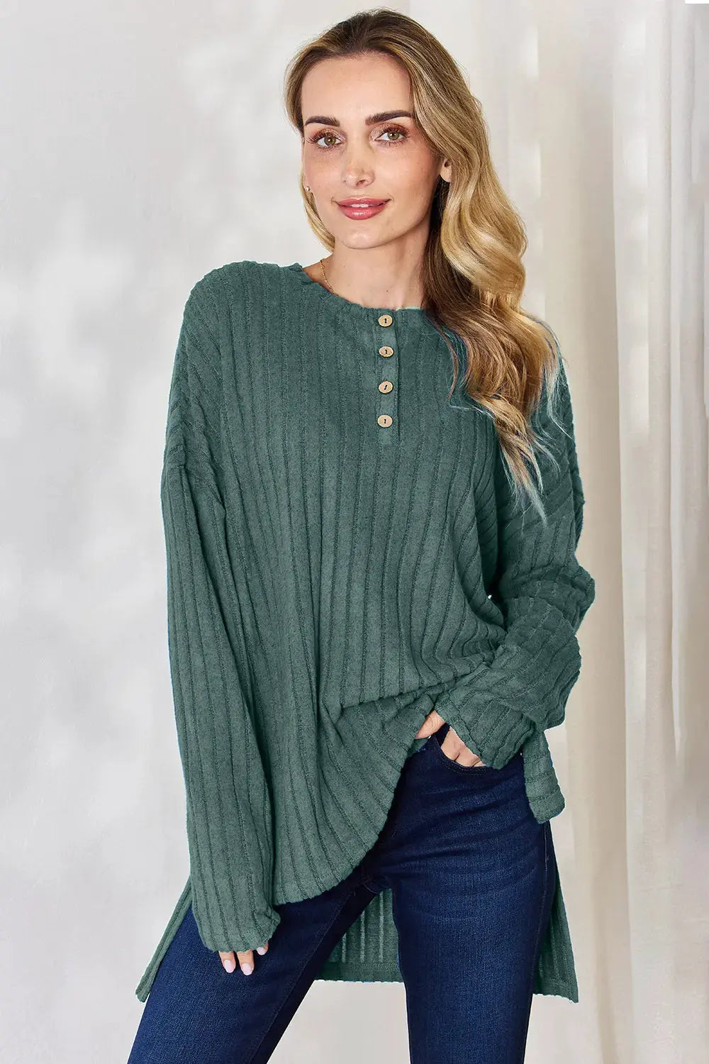 Basic Bae Full Size Ribbed Half Button Long Sleeve High-Low T-Shirt by Basic Bae