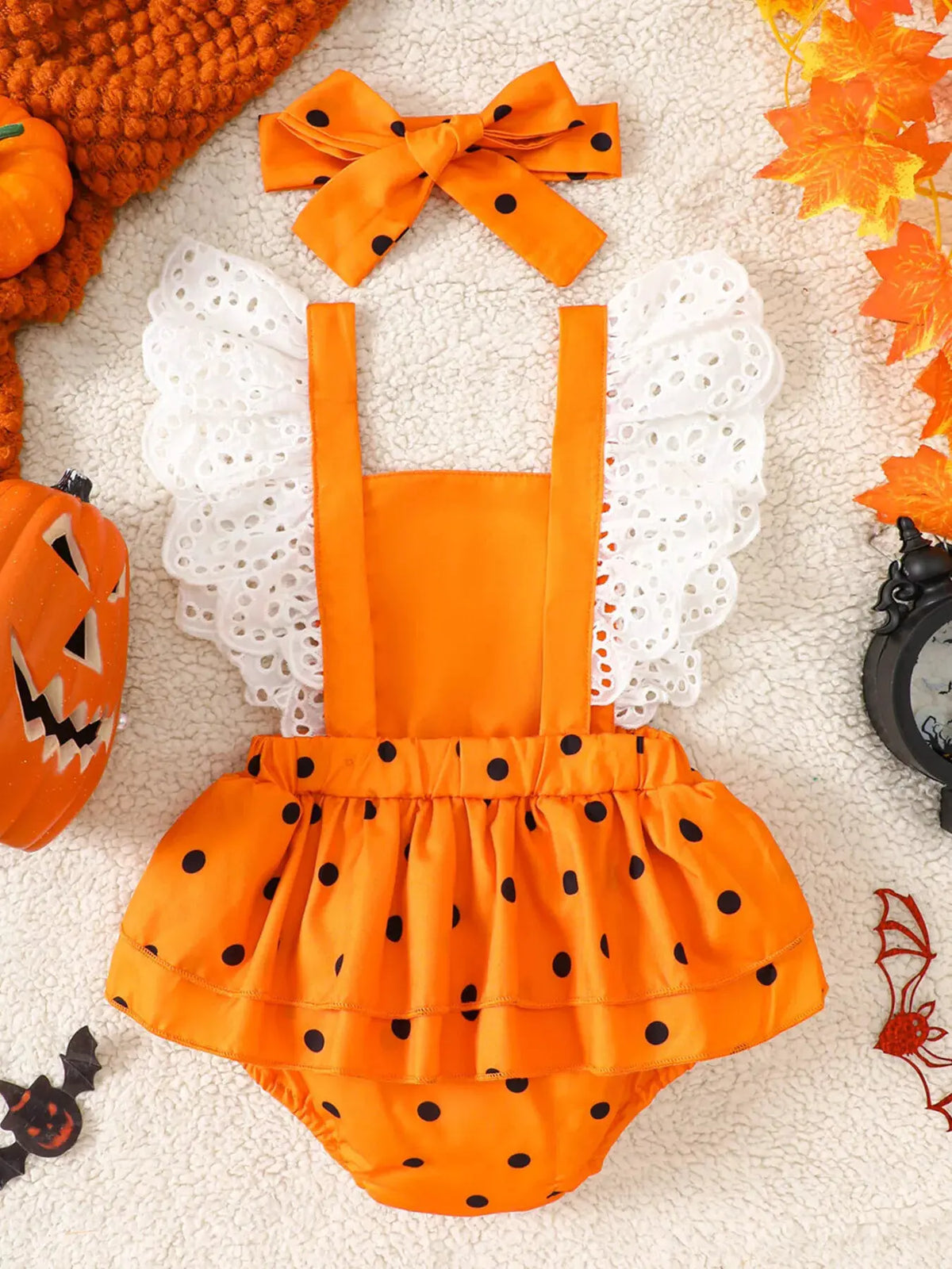 Children's Halloween Pumpkin Polka Dot Bodysuit and Headband Set by Trendsi