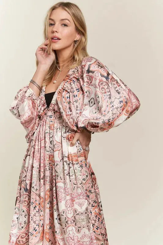 ADORA Printed V-Neck Batwing Sleeve Dress by Partner Label