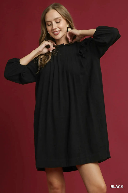 Umgee Linen Ruffle Shoulder Pleated Babydoll Dress by Umgee