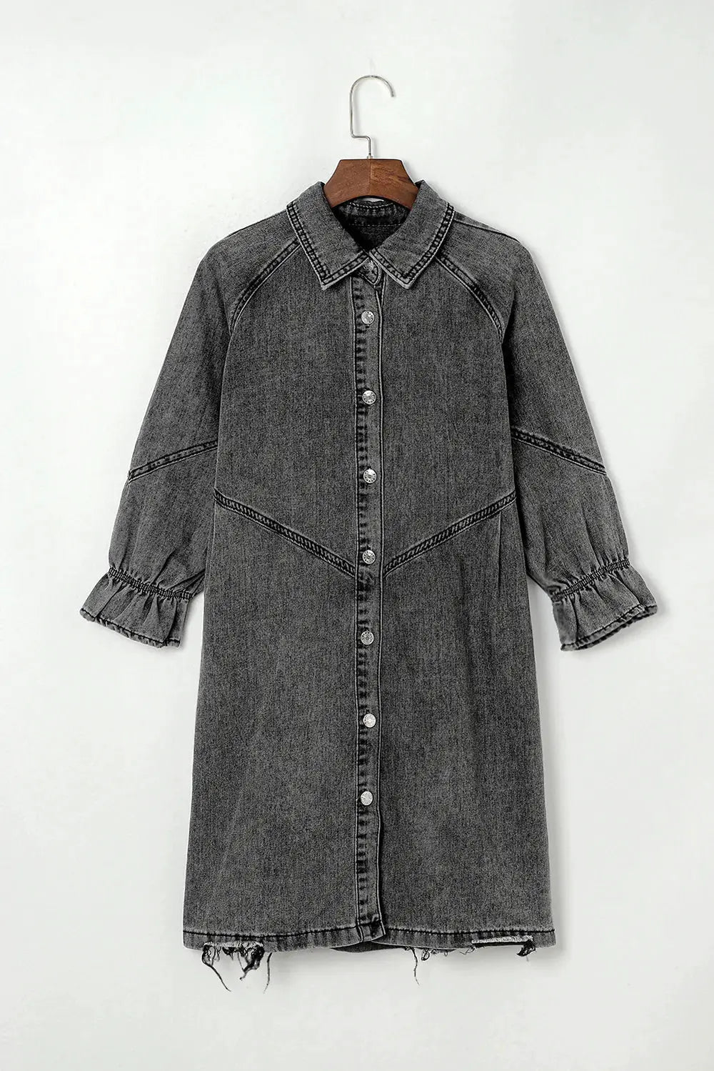 Distressed Collared Neck Flounce Sleeve Denim Dress by Partner Label