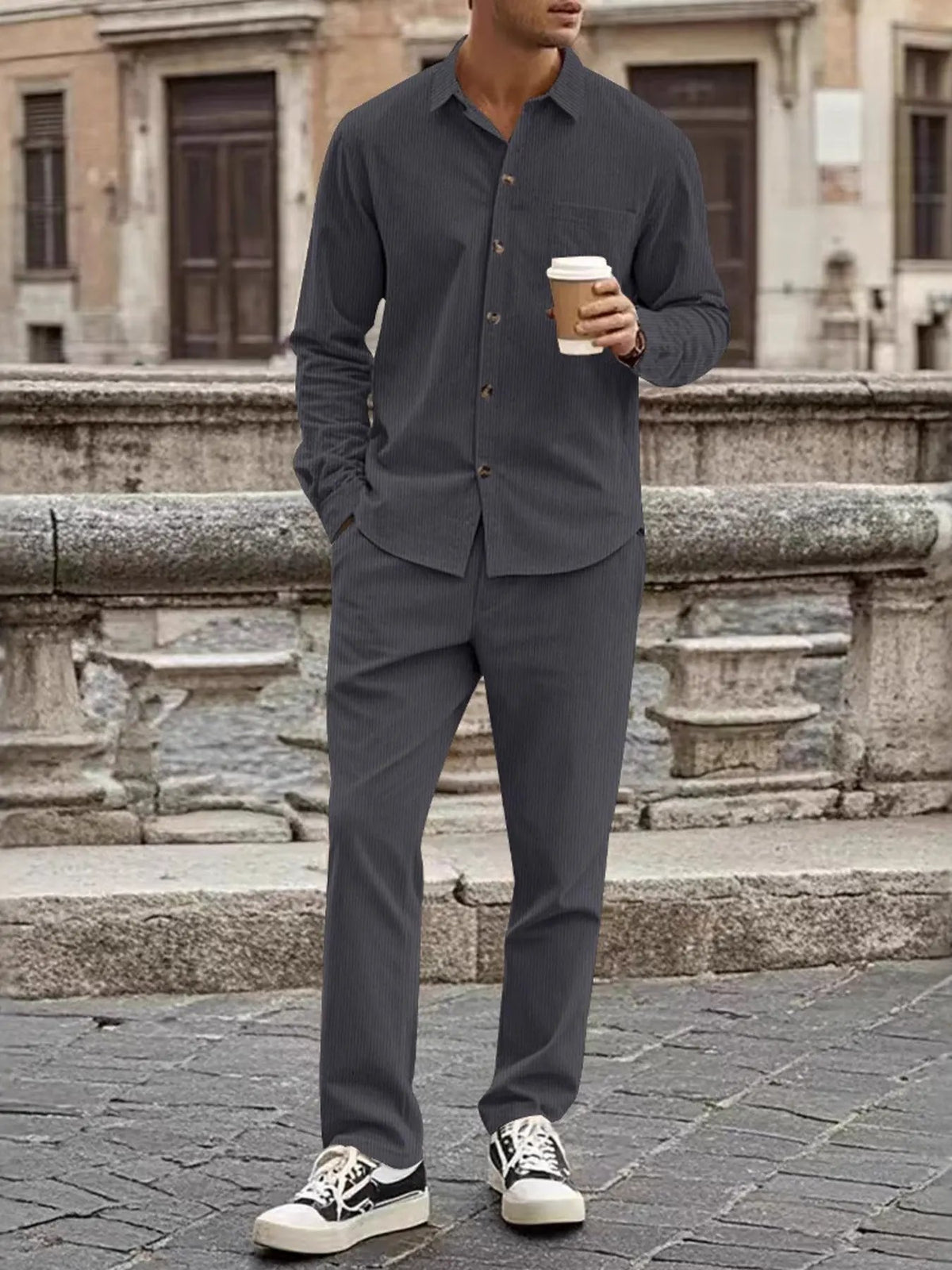 Men's Full Size Button Up Long Sleeve Shirt and Pants Set Plus Size by Trendsi