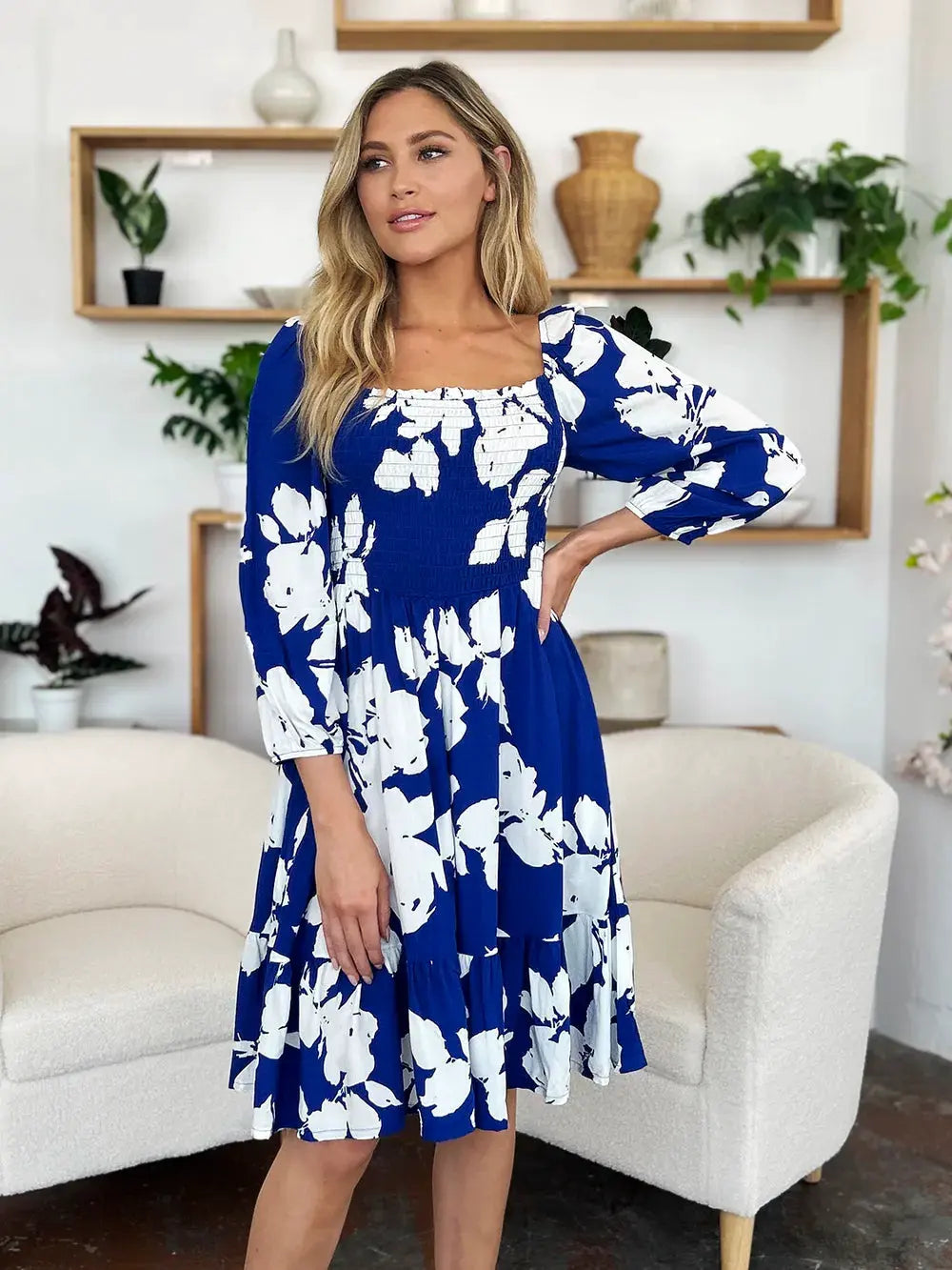 Double Take Full Size Floral Ruffle Hem Smocked Dress with Pockets by Double Take