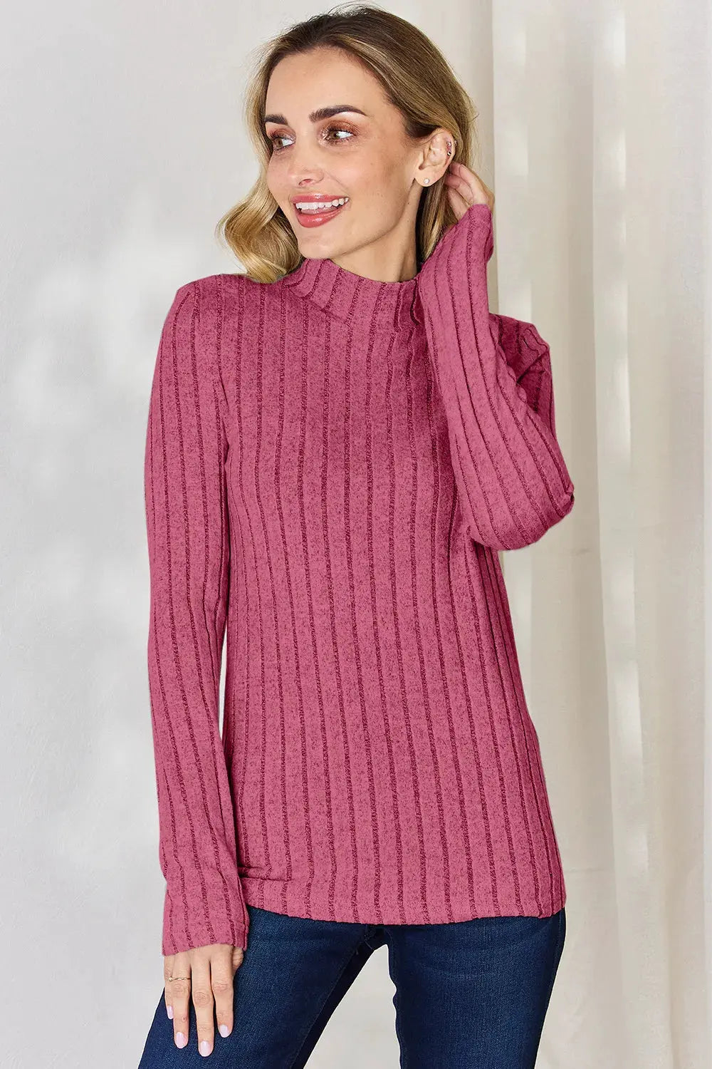 Basic Bae Full Size Ribbed Mock Neck Long Sleeve T-Shirt by Basic Bae