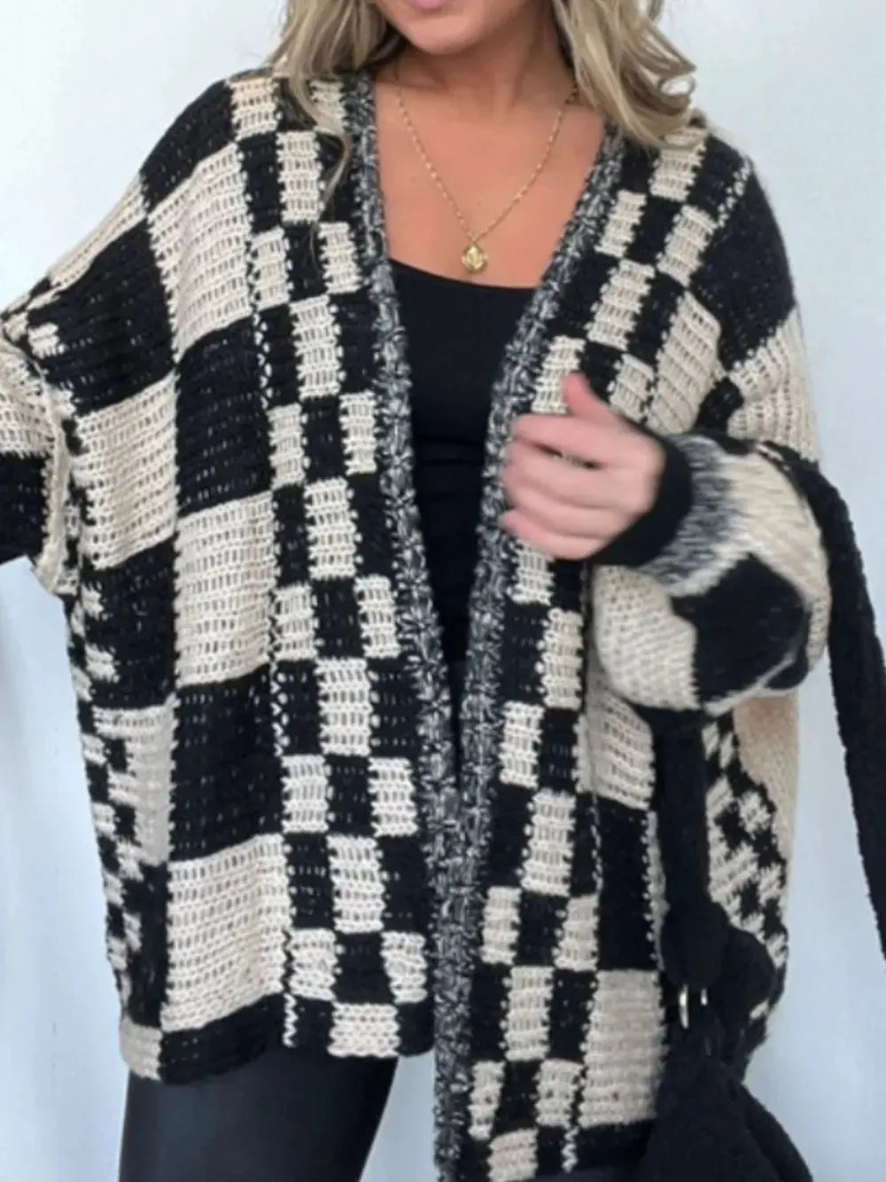 Plaid Open Front Long Sleeve Cardigan by Partner Label