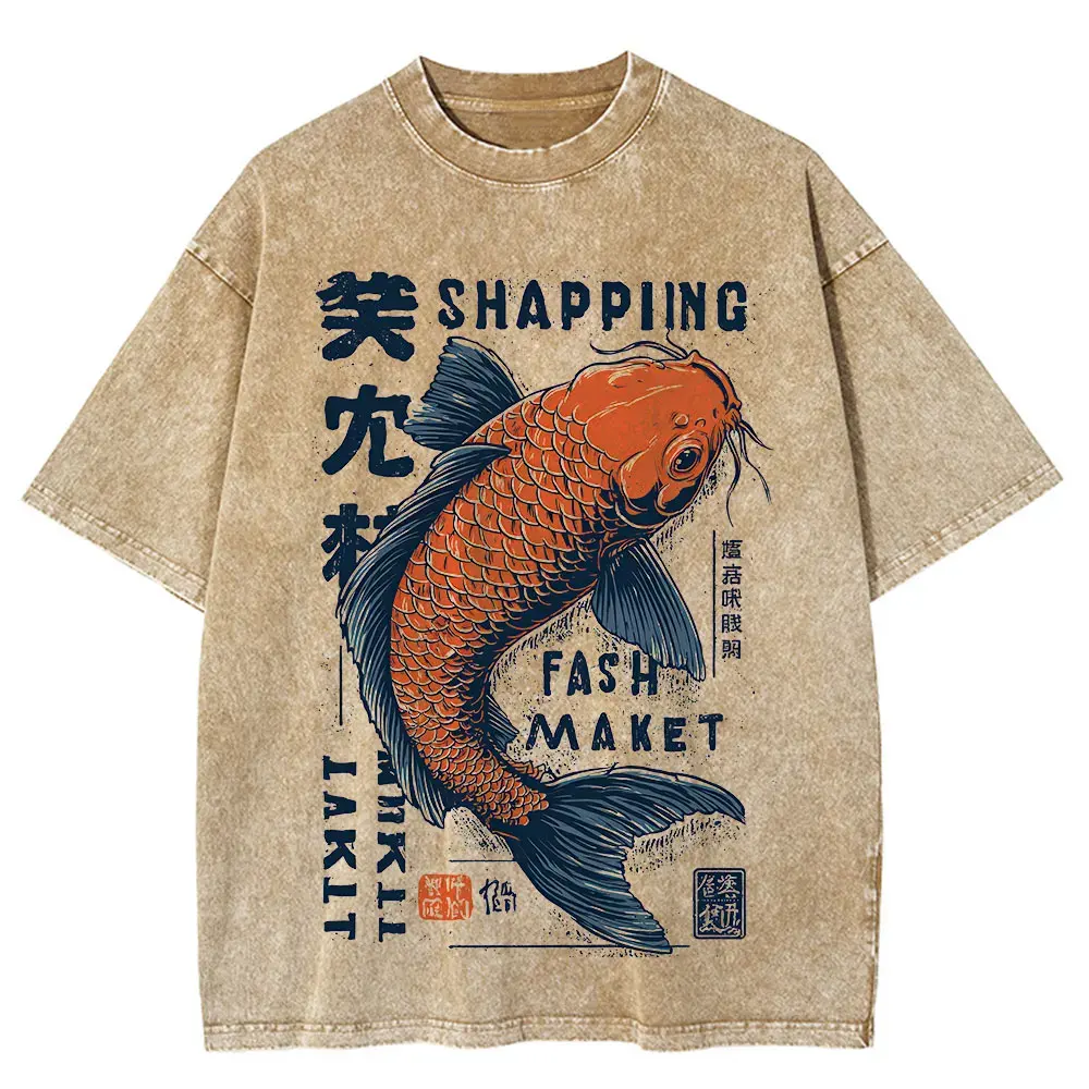 Men Summer Japanese Koi Fish Print Short Sleeve T Shirt Navy Blue by Vimost Shop