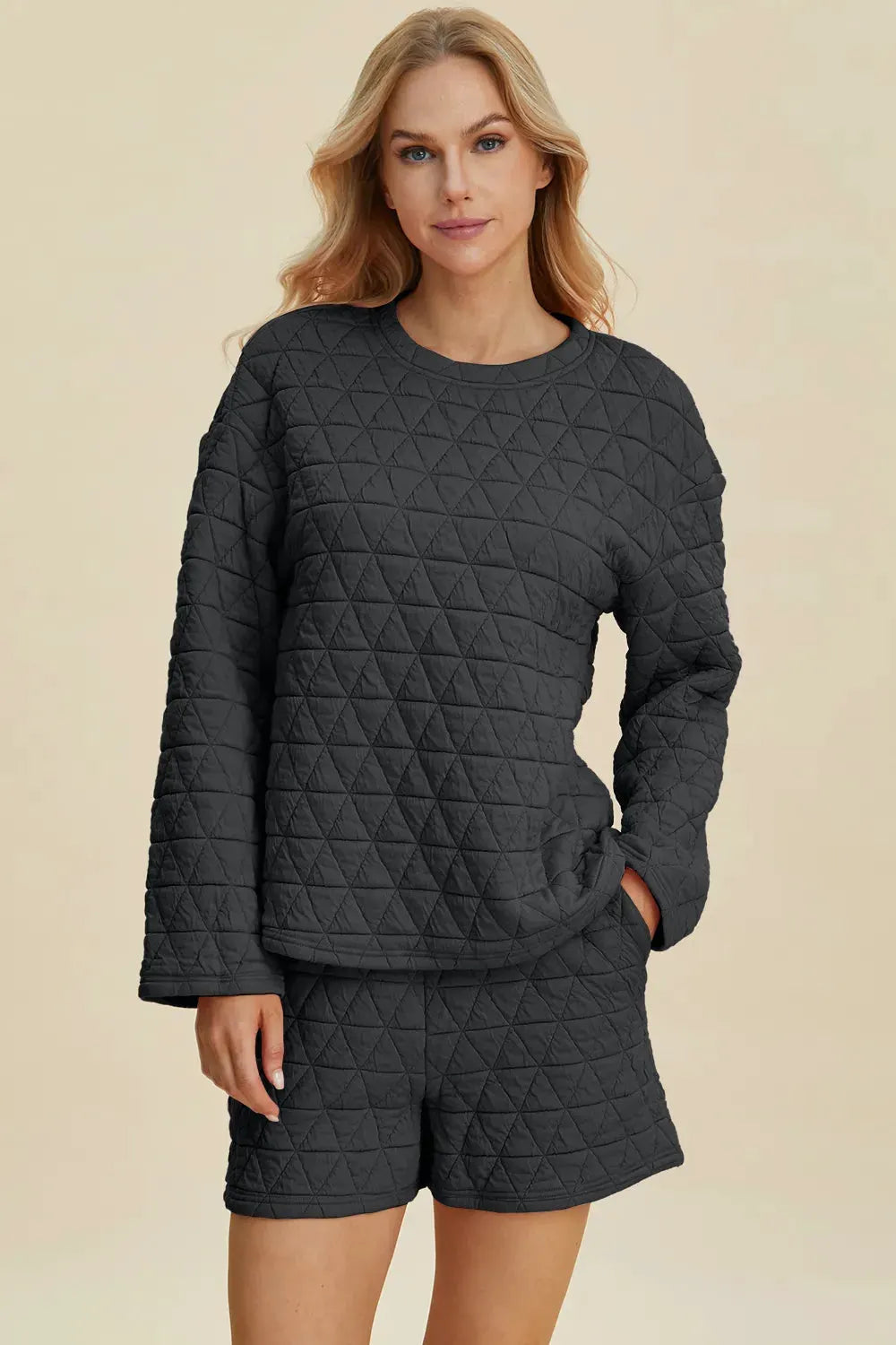 Double Take Full Size Texture Round Neck Long Sleeve Top and Shorts Set by Double Take
