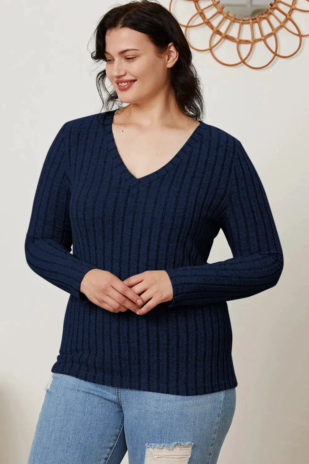 Full Size Ribbed V‑Neck Long Sleeve T‑Shirt | Partner Labels Selection by Partner Label