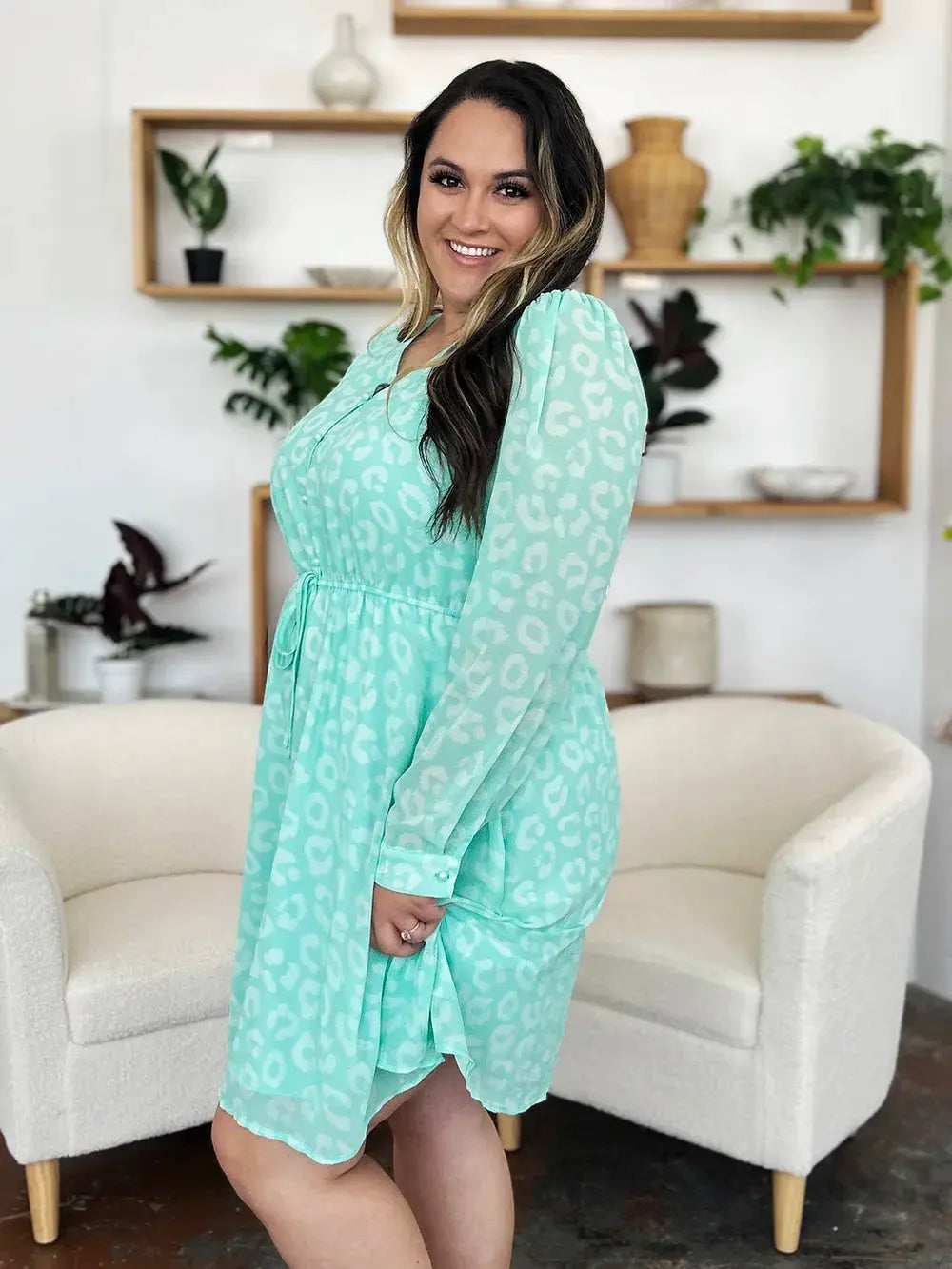 Double Take Full Size Printed Ruched V-Neck Long Sleeve Dress by Double Take