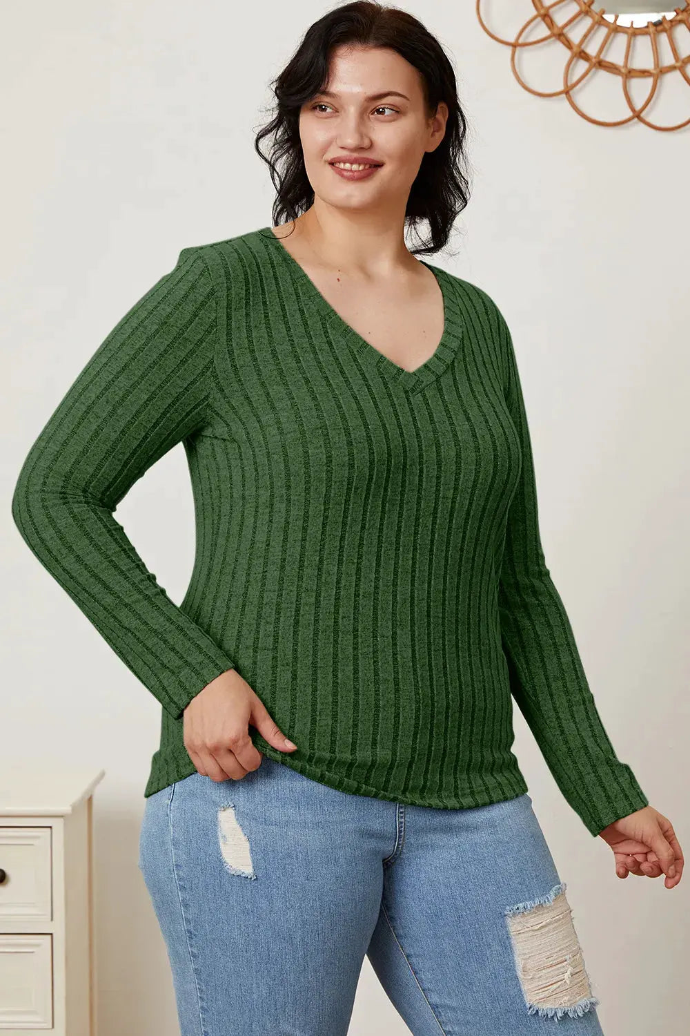 Full Size Ribbed V‑Neck Long Sleeve T‑Shirt | Partner Labels Selection by Partner Label