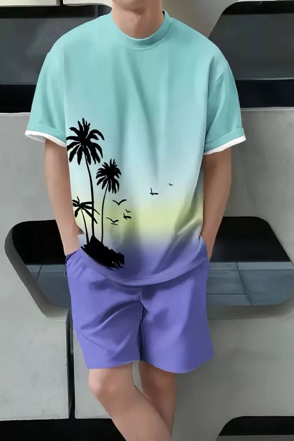 Men's Full Size Tropical Print Casual Tee and Shorts Set Plus Size by Trendsi