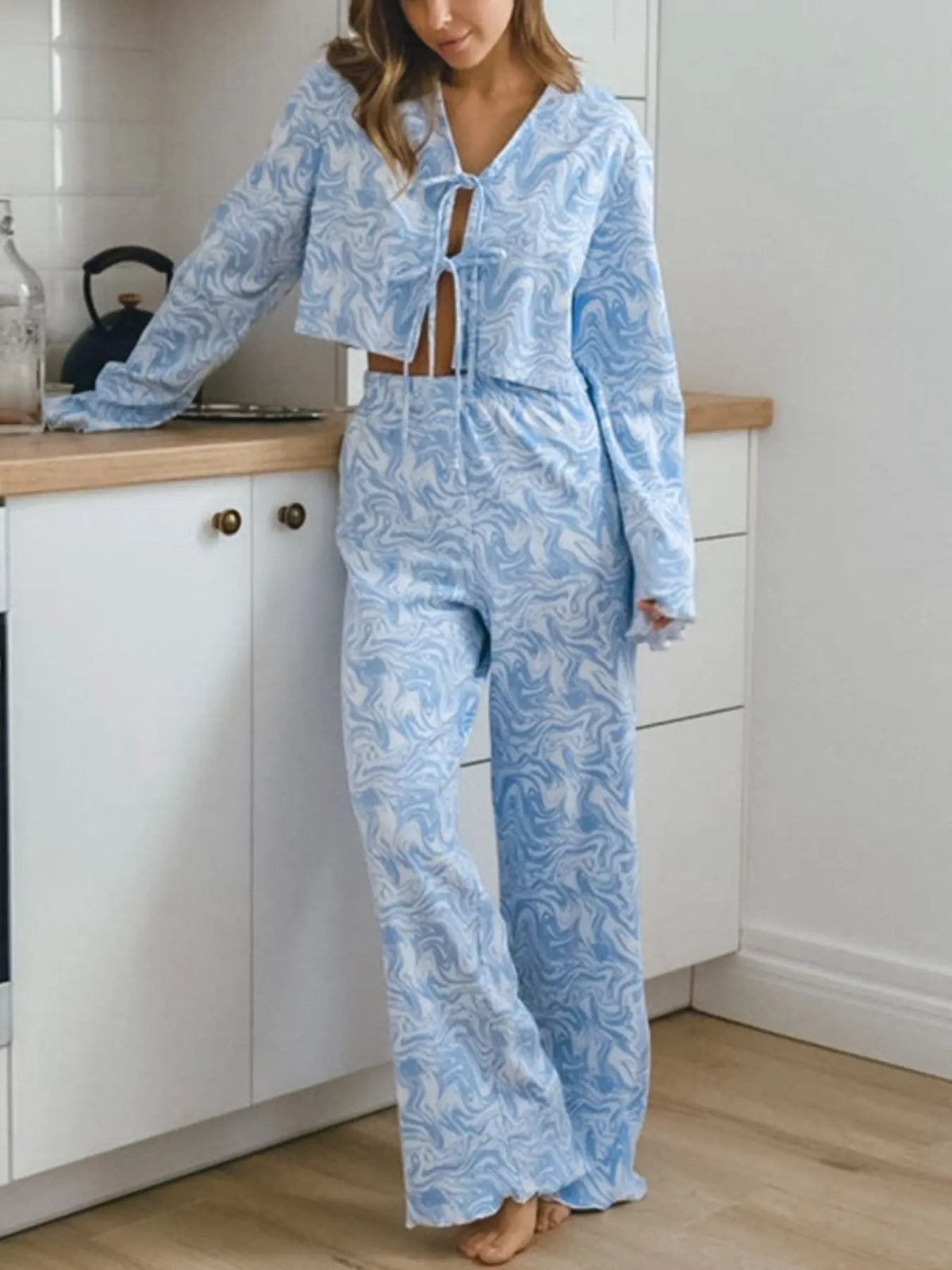 Tie Front Long Sleeve Top and Pants Lounge Set by Partner Label