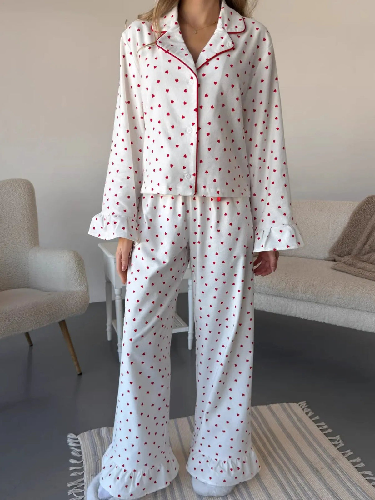 Heart Print Long Sleeve Top and Pants Lounge Set by Partner Label