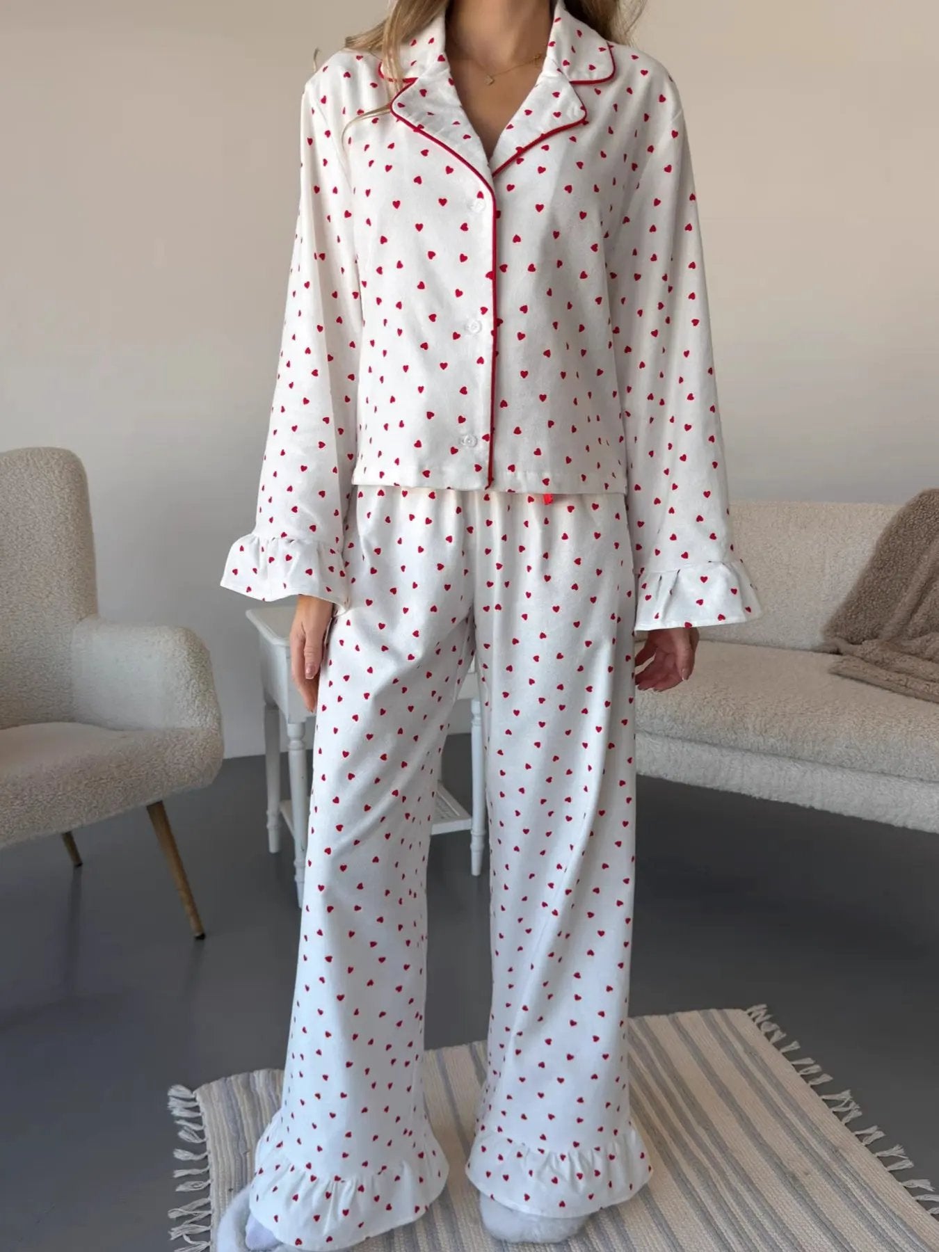 Heart Print Long Sleeve Top and Pants Lounge Set by Partner Label