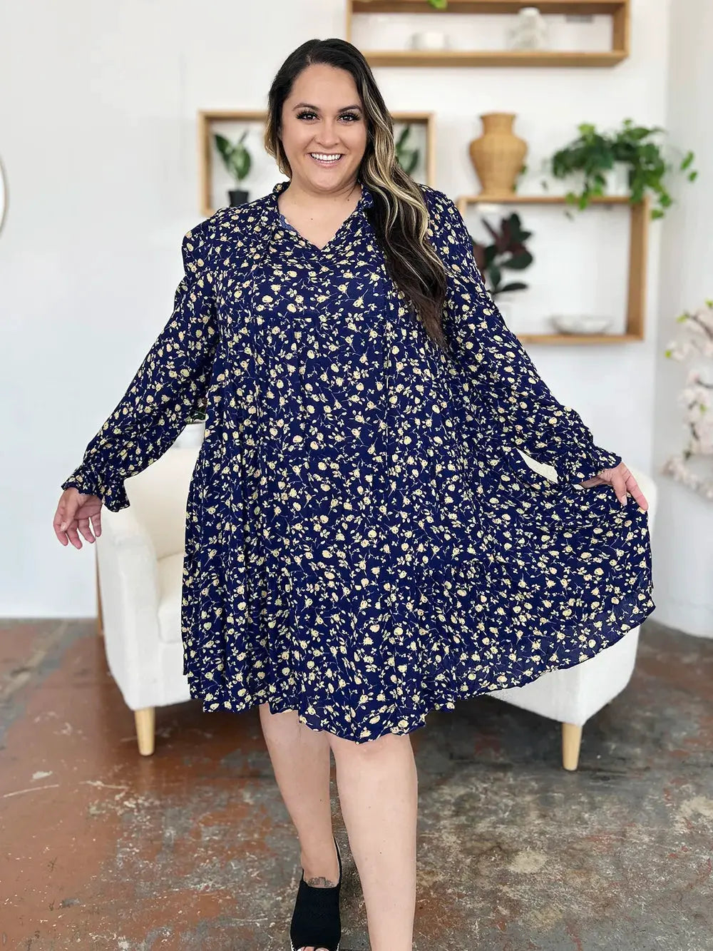 Double Take Full Size Printed Ruffle Hem Long Sleeve Tiered Dress by Double Take
