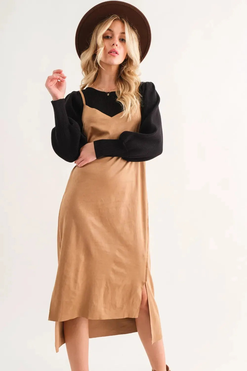 And The Why Faux Suede Cut Edge Slit Cami Midi Dress by And The Why