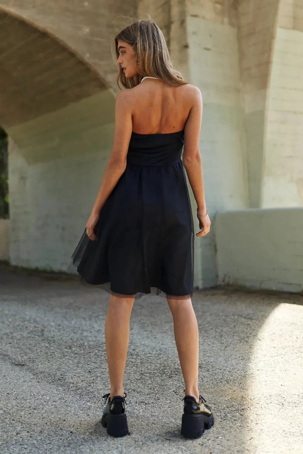 J.NNA Mesh Ruffle Tube Top Swing Dress by Partner Label