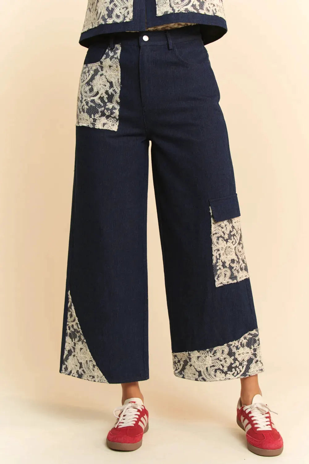 Davi & Dani Lace Applique Wide Leg Jeans by Davi & Dani