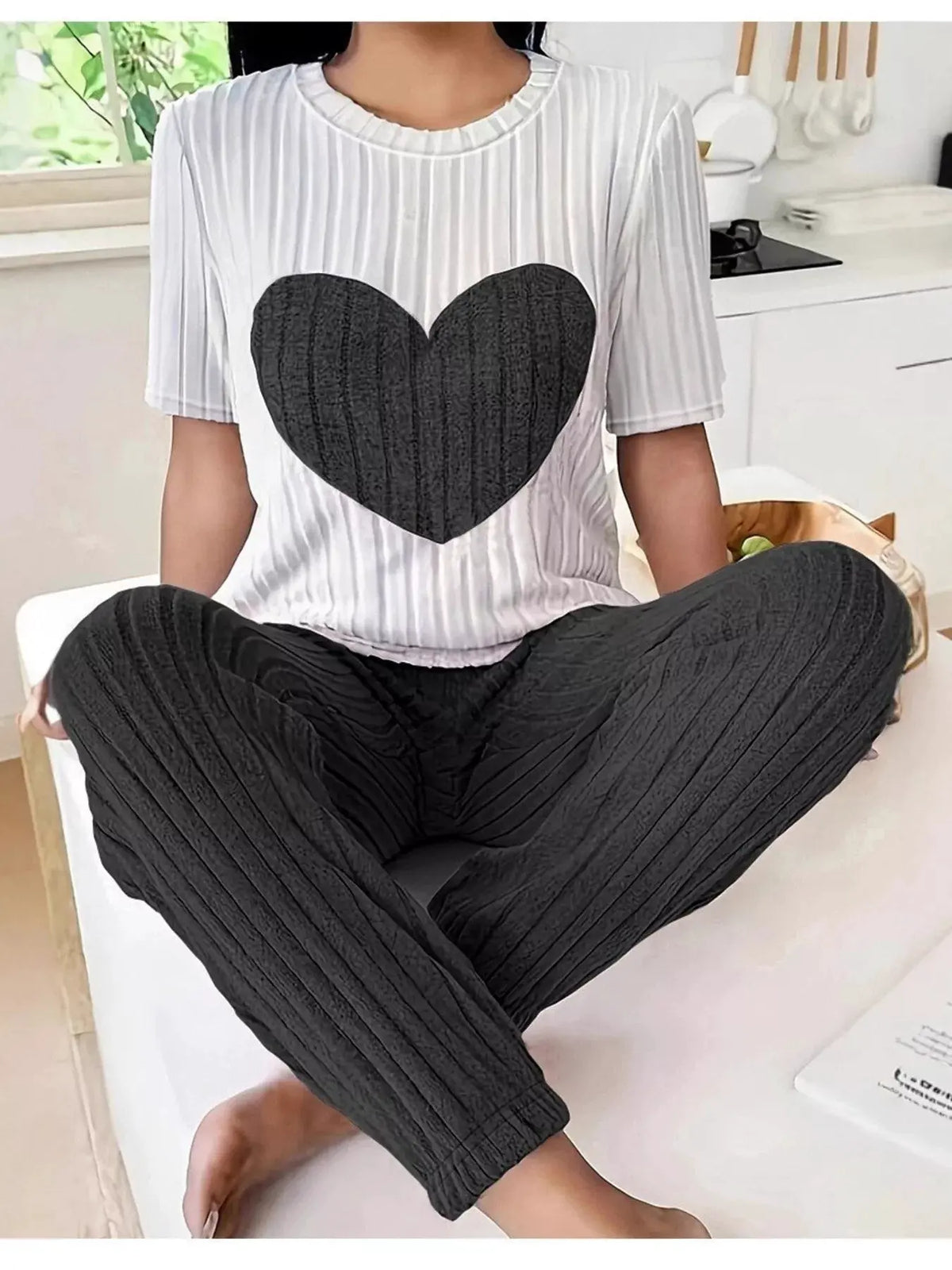 Heart Ribbed Knit Top and Pants Lounge Set by Partner Label