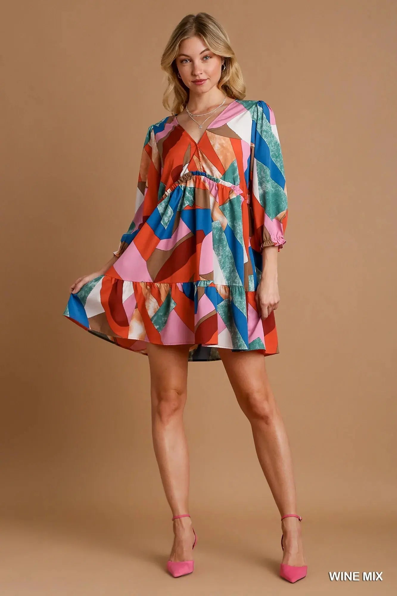 Umgee Abstract V-Neck Tiered Printed Dress by Umgee