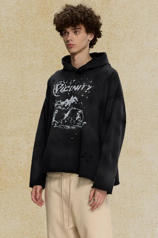 Men's Distressed Graphic Long Sleeve Hoodie by Partner Label
