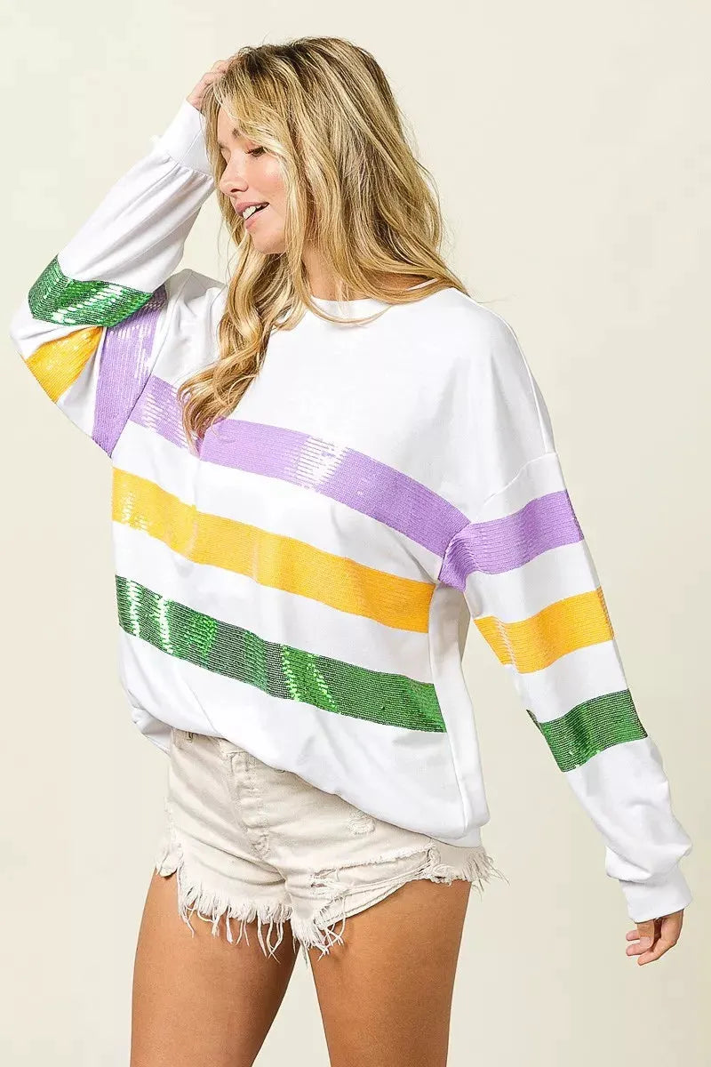 BiBi Sequin Mardi Gras Striped Round Neck Sweatshirt by BiBi