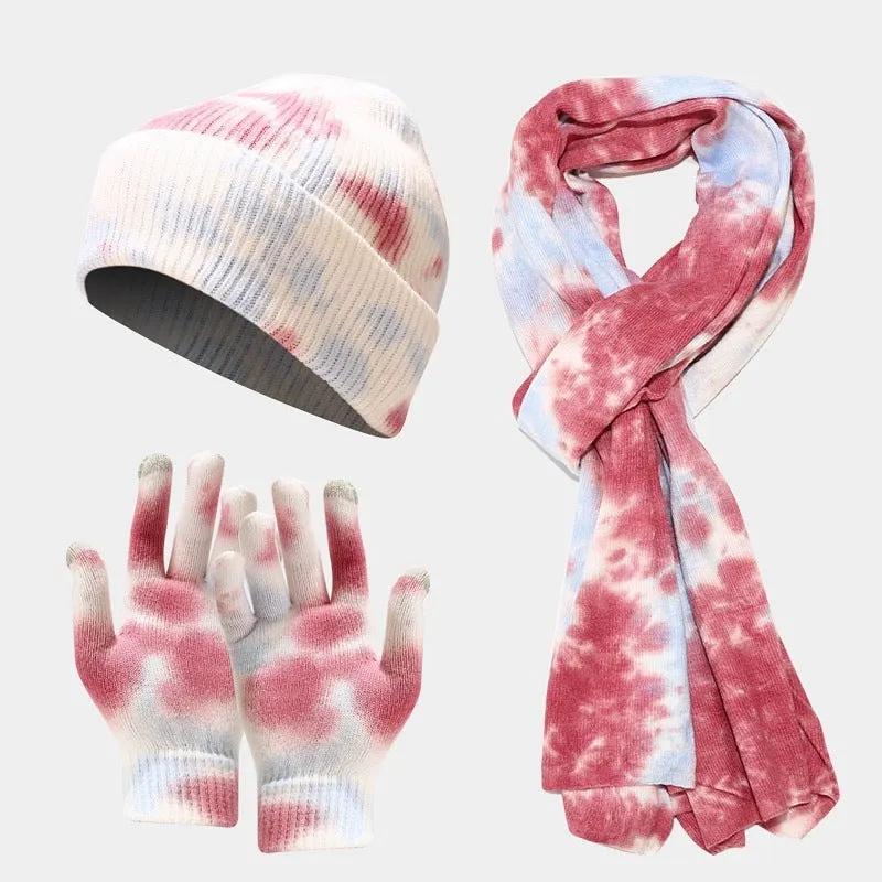 Tie-dye Knitted Hat Gloves Scarf Set Ladies by Maiden-Art