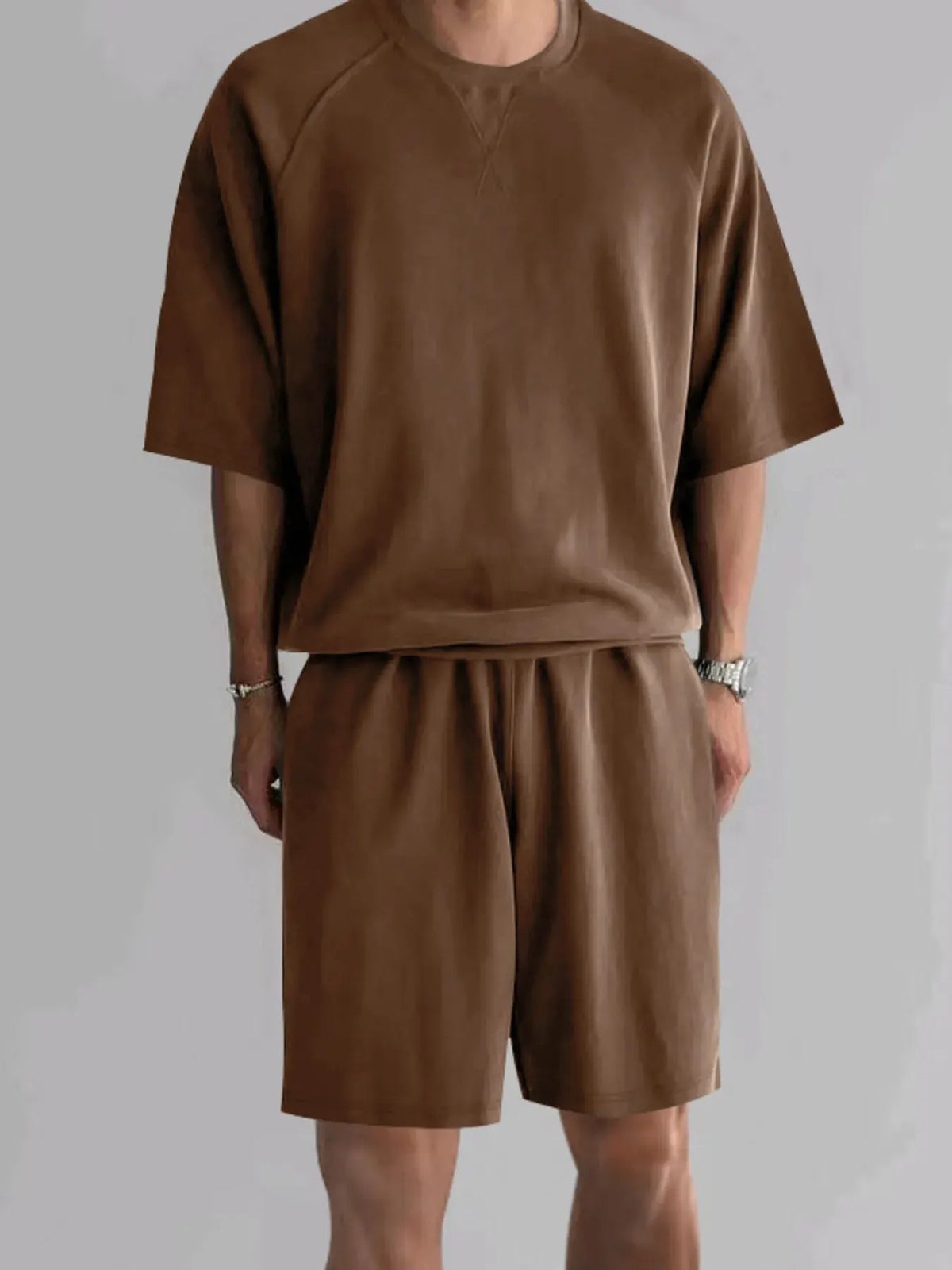 Men's Full Size Round Neck Top and Shorts Set Plus Size by Trendsi
