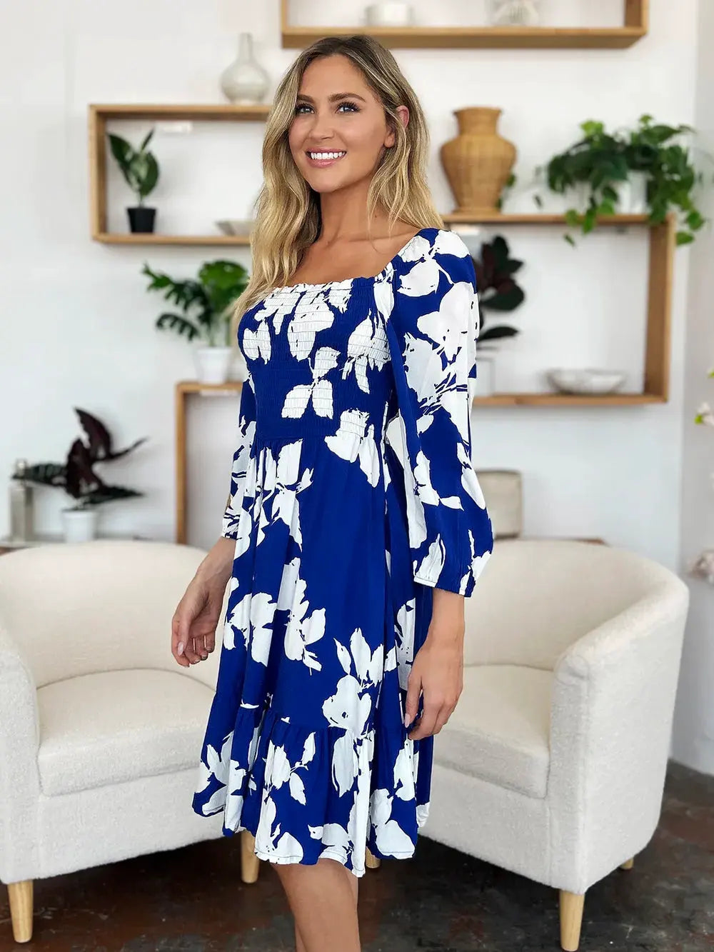 Double Take Full Size Floral Ruffle Hem Smocked Dress with Pockets by Double Take