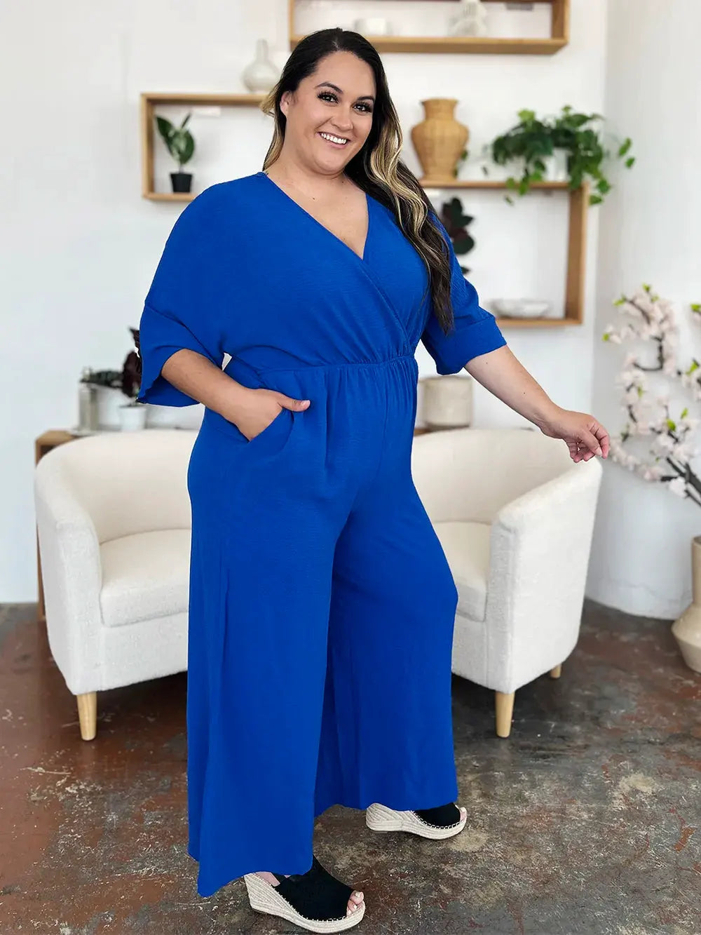 Double Take Full Size Surplice Wide Leg Jumpsuit with Pockets by Double Take