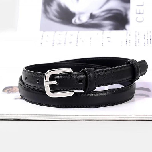 Classic Leather Skinny Belt with Silver Buckle by Trendsi