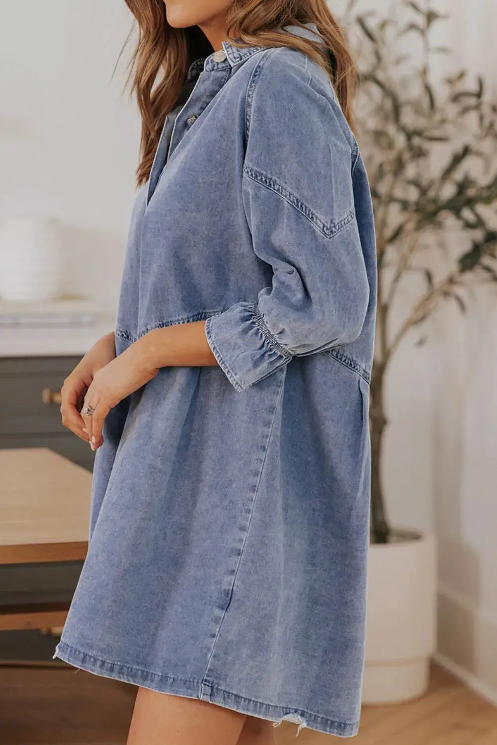 Distressed Collared Neck Flounce Sleeve Denim Dress by Partner Label