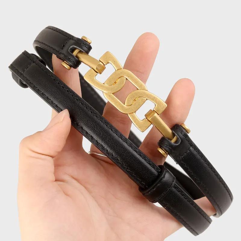 Gold Buckle Skinny Leather Belt by Trendsi