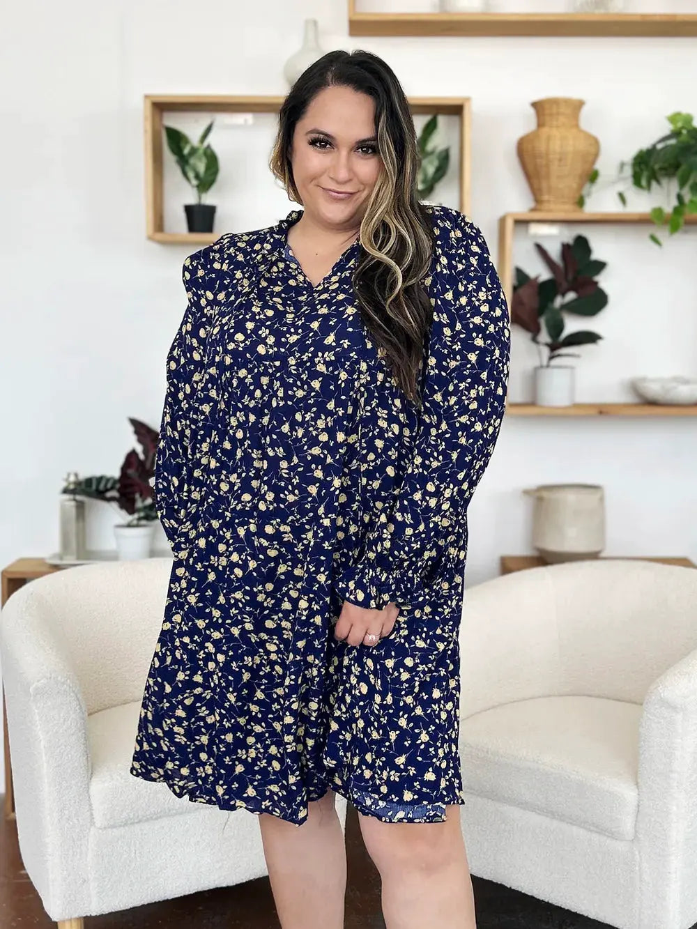 Double Take Full Size Printed Ruffle Hem Long Sleeve Tiered Dress by Double Take