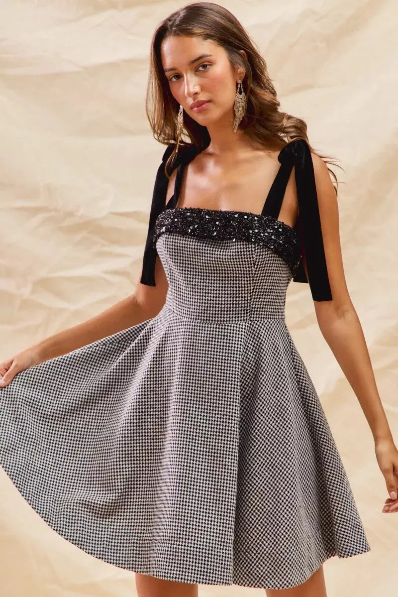 SO ME Houndstooth Fit Flare Mini Dress with Shoulder Tie by SO ME