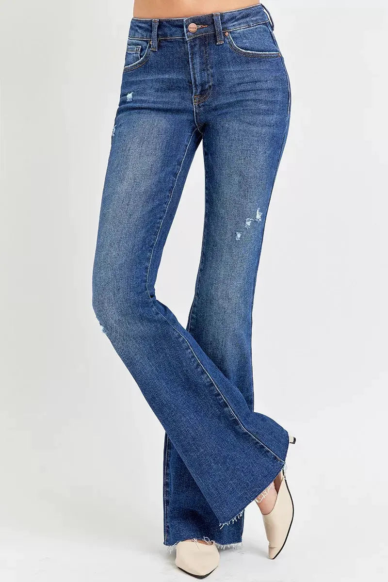 RISEN Full Size Distressed Mid Rise Flare Jeans Plus Size by RISEN
