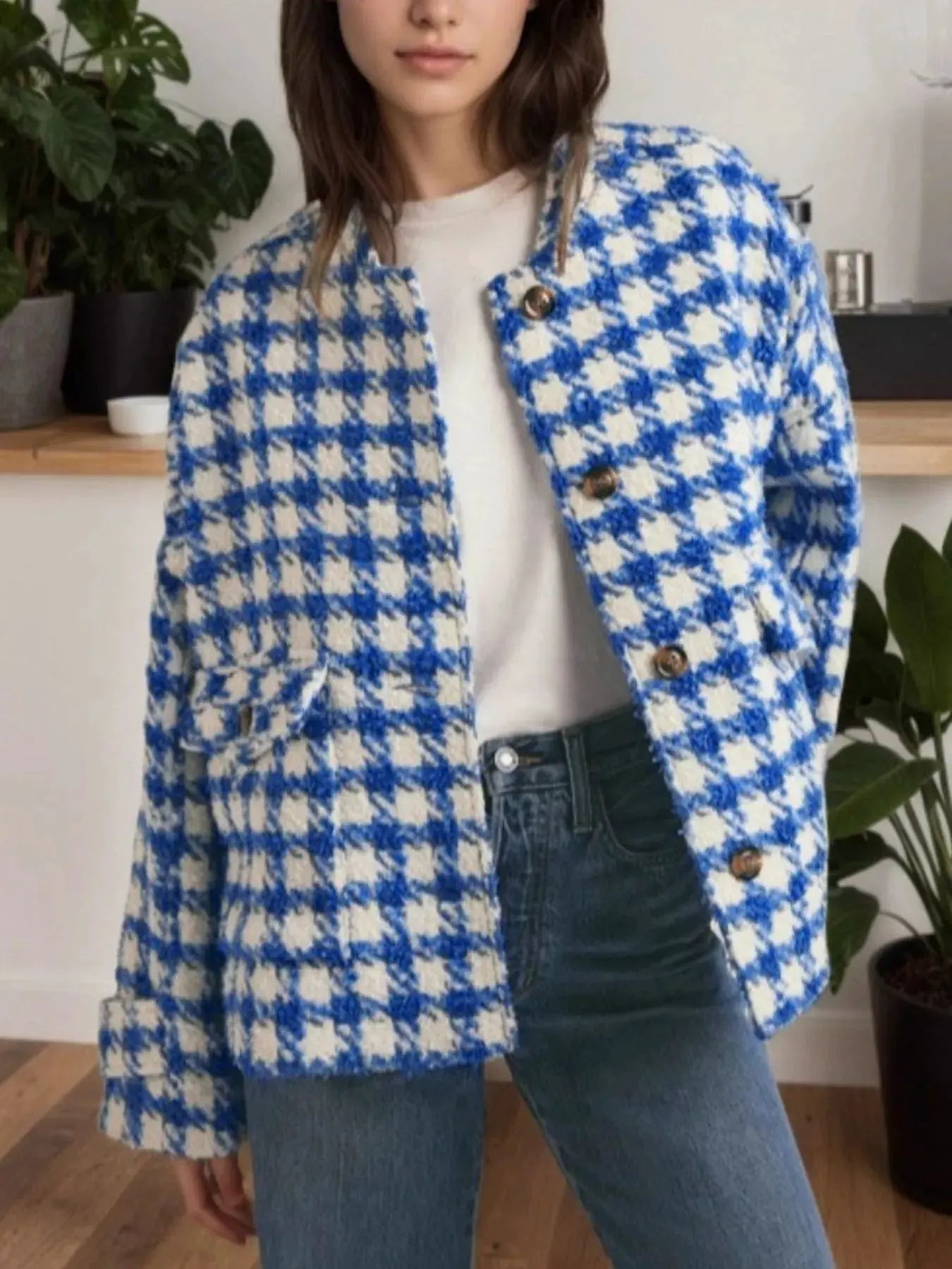 Houndstooth Button Up Long Sleeve Jacket by Partner Label