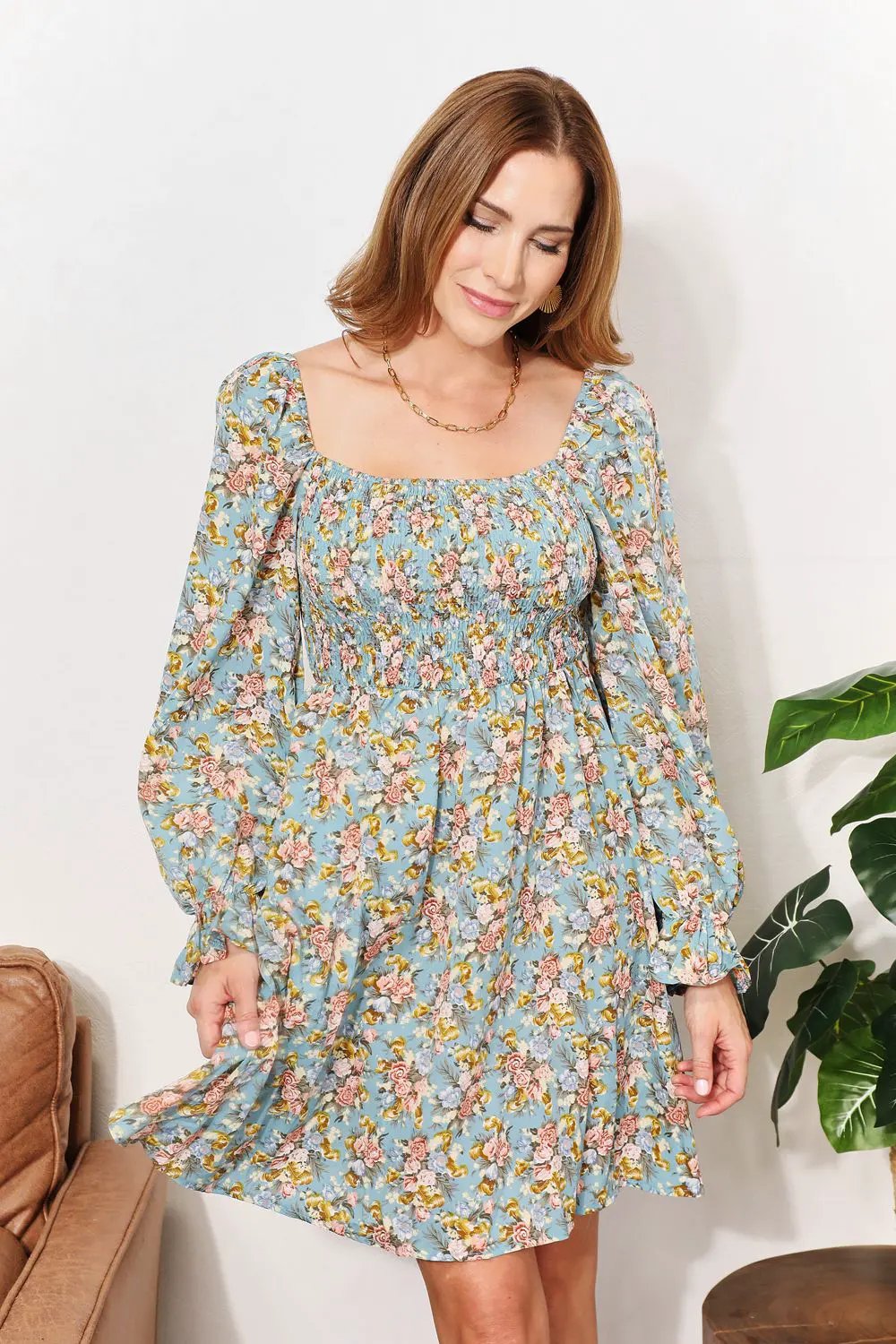 Honey Floral Smocked Flounce Sleeve Square Neck Dress by Honey