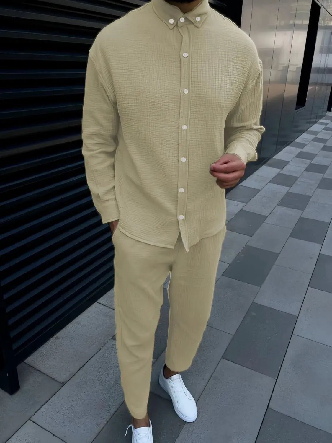 Men's Button Down Long Sleeve Shirt and Pants Set by Trendsi