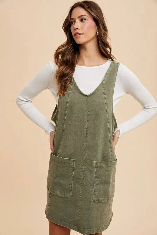 Annie Wear V-Neck Adjustable Strap Denim Overall Dress with Pockets by Partner Label