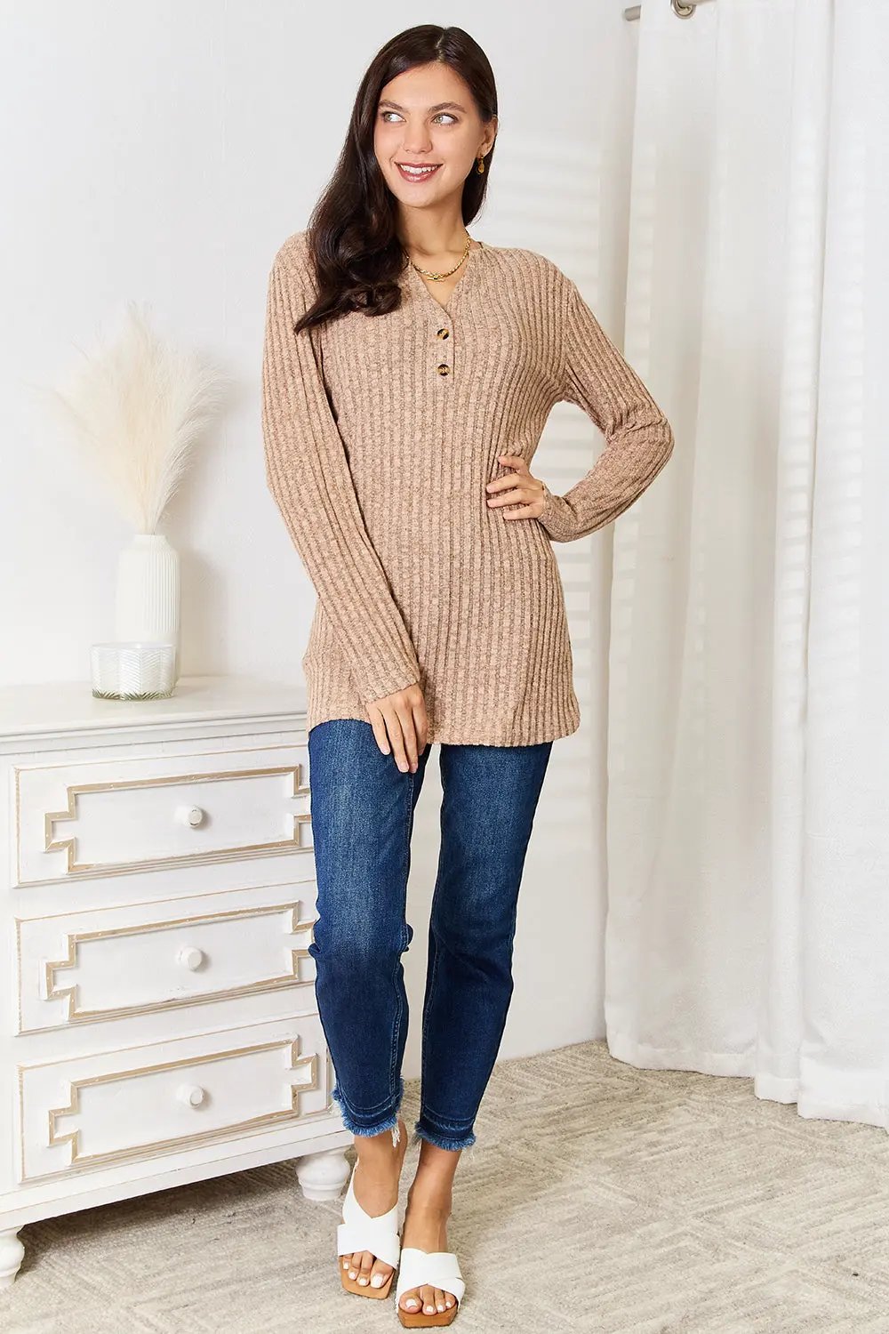 Double Take Notched Neck Ribbed Long Sleeve T-Shirt by Double Take