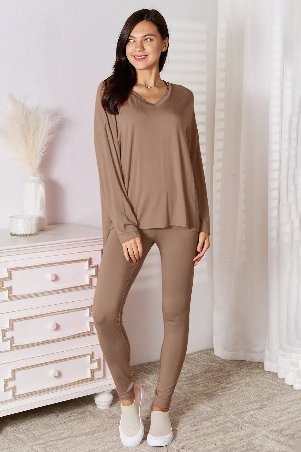 Basic Bae Full Size V-Neck Soft Rayon Long Sleeve Top and Pants Lounge Set by Basic Bae