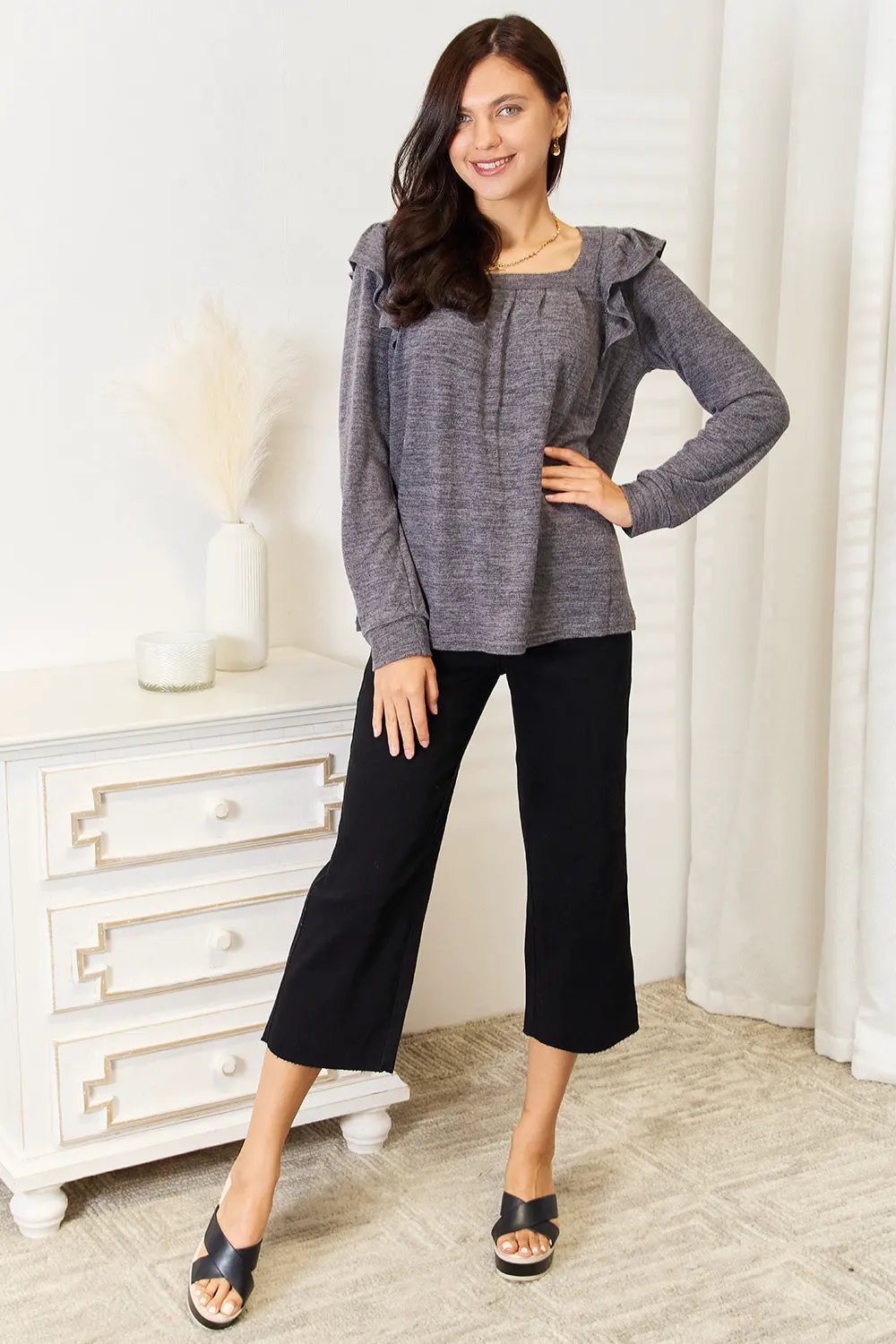 Double Take Square Neck Ruffle Shoulder Long Sleeve T-Shirt by Double Take