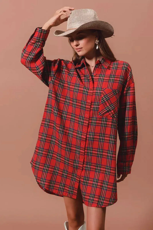 SO ME Christmas Checker Plaid Button Up Shirt Dress by SO ME