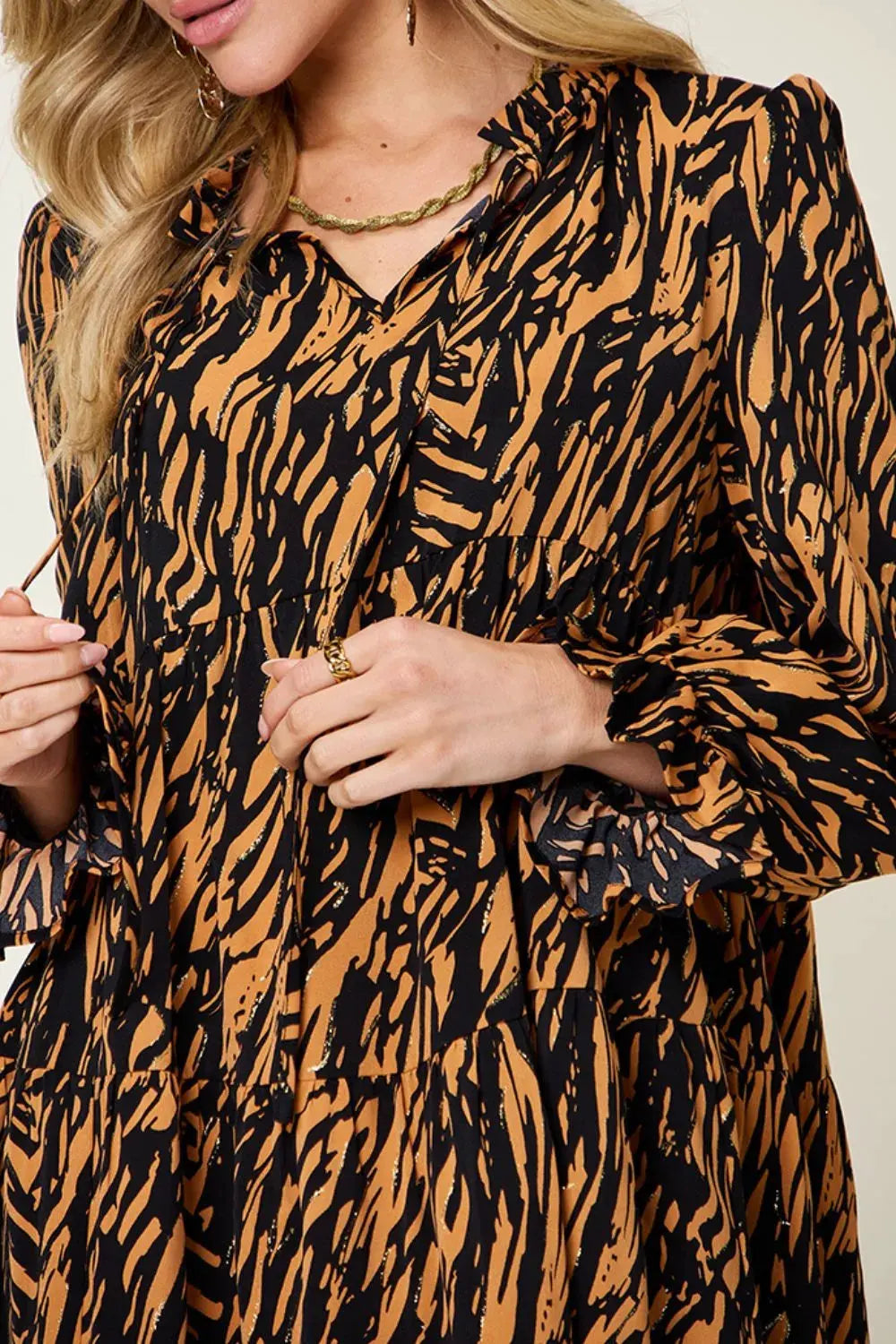 Double Take Full Size Printed Ruffle Hem Long Sleeve Dress by Double Take
