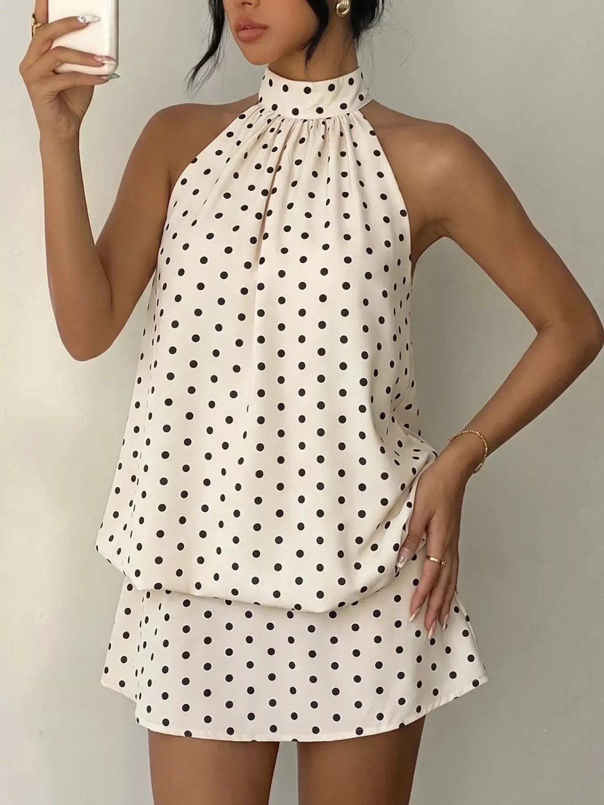 Polka Dot Halter Neck Mini Dress by Trendsi